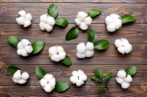 Preview: Dried white fluffy cotton flower branchwith green leaf top view on colored table with copy space