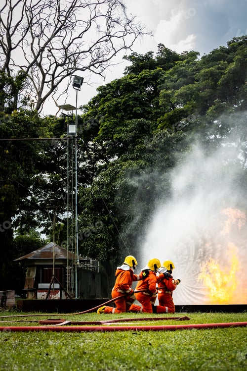 Preview: Firefighter Concept. Fireman using water and extinguisher to fighting with fire flame.