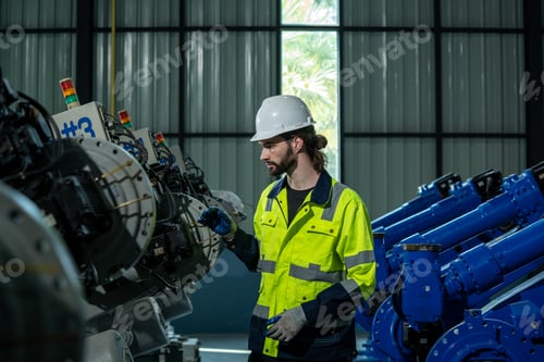 Preview: Engineer inspect robotic arm in workshop.