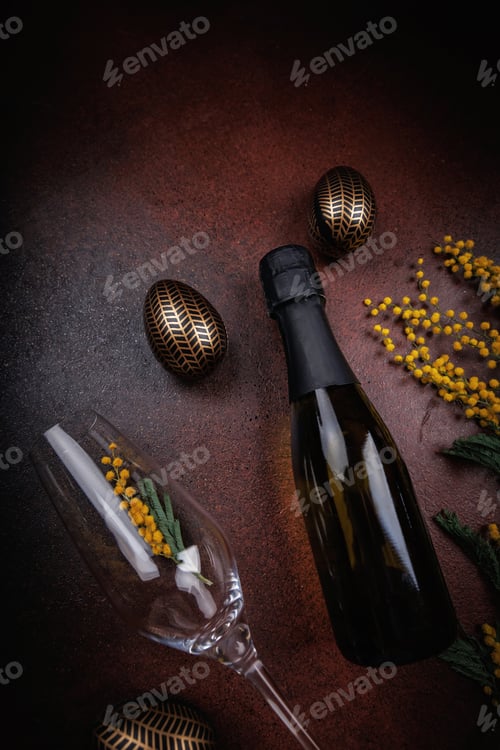 Preview: Elegant Easter still life with champagne and mimosa flowers