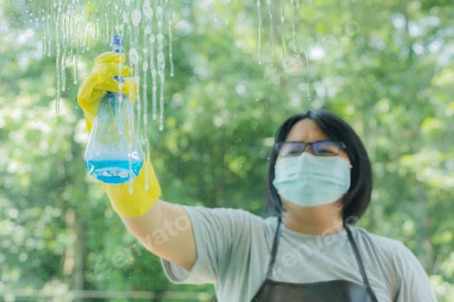 Preview: woman spraying and wiping glass