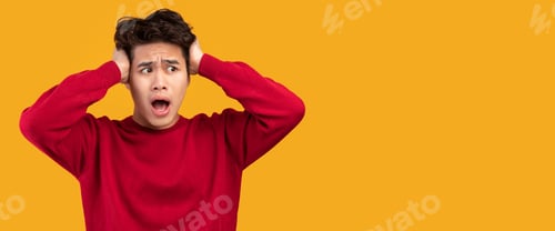 Preview: Surprised asian guy seeing shocking advertisement, panorama
