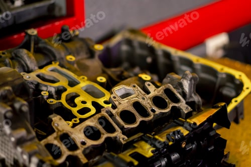 Preview: close up At the service station on the table lies a half-disassembled metal new motor from a car
