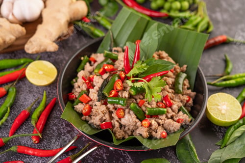 Preview: Stir-fried pork basil on banana leaves in a frying pan.