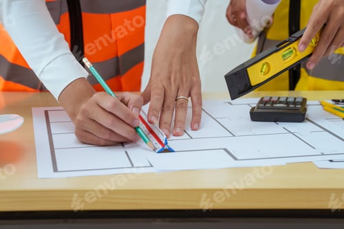 Preview: Two young women work at a desk, meticulously designing drawing plans building a house. architects