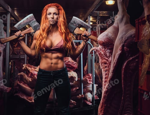 Preview: Redhead female in a meat factory.