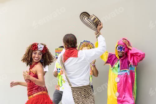 Preview: Smiling dancers in colorful costumes enjoying carnival celebration