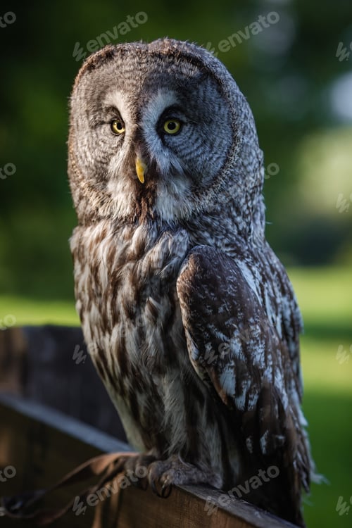 Preview: A large bearded owl sits on a fence in a park. Close-up portrait of an adult owl