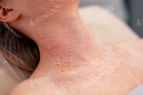 Preview: close-up of inflamed red crusted skin dermatology desquamation disease