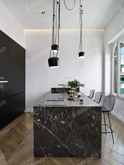 Preview: Foreground on the island Kitchen in the Modern Kitchen with Parquet Floor
