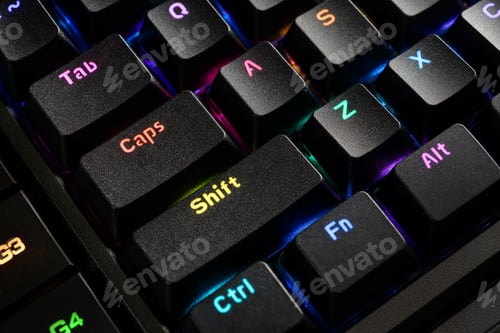 Preview: Close up gaming keyboard with backlit rgb keys.
