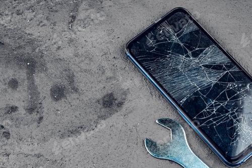 Preview: Crashed smartphone with repairing tools on grey background