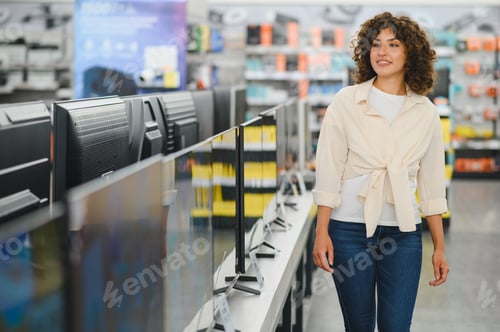 Preview: Woman choosing television in electronics store