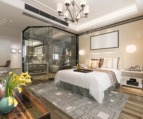 Preview: 3d rendering modern luxury bedroom suite and bathroom
