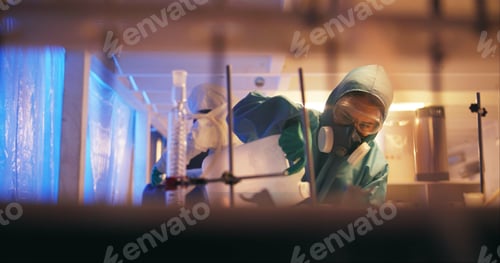 Preview: Drugs, person and gas mask with liquid chemicals for production of illegal substances, narcotics or