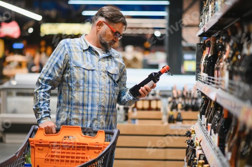 Preview: Man in a supermarket choosing the right wine