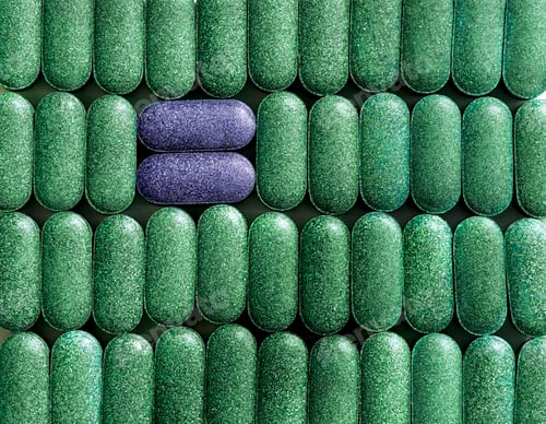 Preview: Chlorella, spirulina or barley grass in pill shaped rows and two purple pills across background
