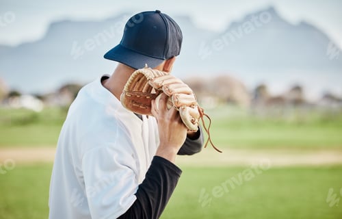 Preview: Pitcher, back view or baseball player training for a sports game on outdoor field stadium. Fitness,