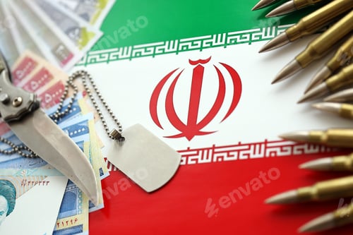 Preview: Many bullets and iranian rials money bills on flag of Islamic Republic of Iran