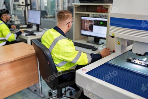 Preview: Engineer sitting in robot fabrication room use measuring microscope machine check electronic board