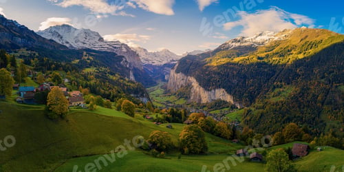 Preview: Aerial view of Lauterbrunnen valley in Switzerland with autumn colors