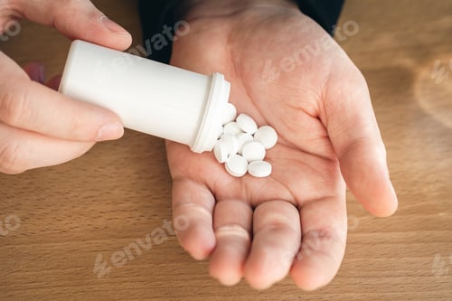 Preview: A lot of white pills in the hands of an adult man.
