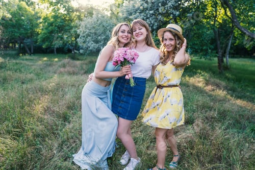 Preview: Three of girls friends outdoor in the park or forest