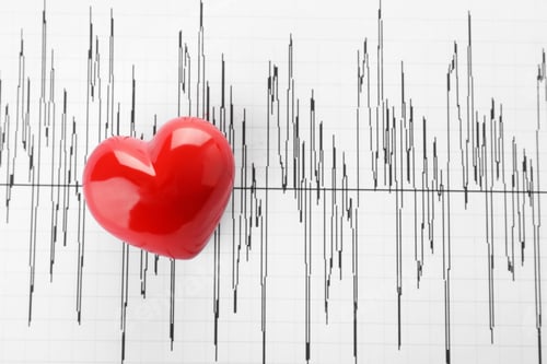 Preview: Red heart on cardiogram, top view with space for text. Health care