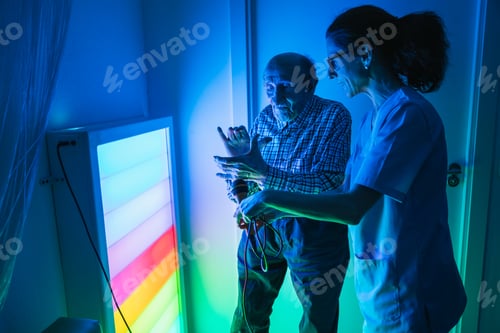 Vista previa: Enfermera que ayuda a un anciano con fototerapia
