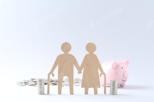 Preview: Pension savings. Figure of senior couple, coins and piggy bank on white background