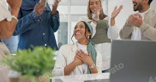 Preview: Success, applause and thank you, achievement for woman in office at startup business with proud tea