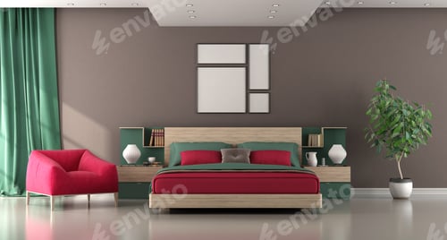 Preview: Modern bedroom with wooden double bed and red armchair