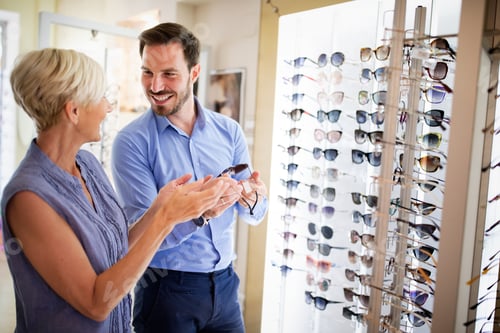 Preview: Health care, eyesight and vision concept. Happy mature woman choosing glasses at optics store