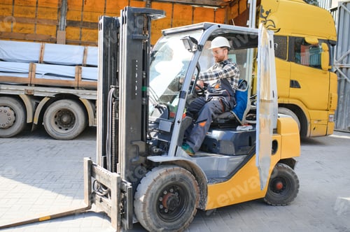 Preview: Portrait of professional forklift driver in factory's warehouse