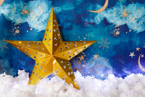 Preview: Christmas background with moon and stars. Defocused, bokeh, abstract backdrop.