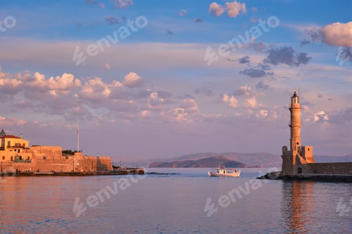 Preview: Boat in picturesque old port of Chania, Crete island. Greece