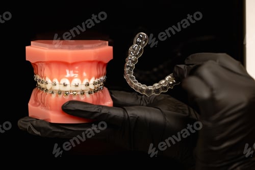 Preview: mouth guard and models of teeth with braces on teeth on a jaw