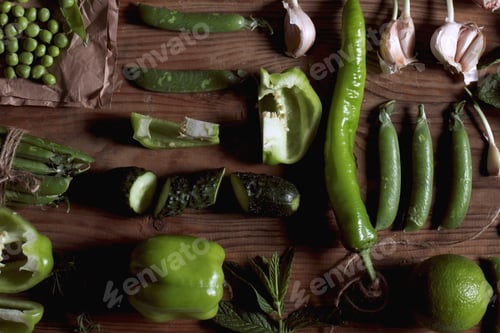Preview: Vegetables And Fruits Of Green Color Lie On A Table Of Wood