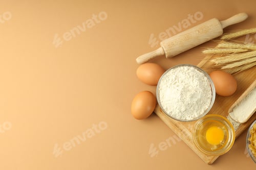 Preview: Concept of cooking with ingredients on beige background, space for text
