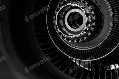 Preview: Aircraft turbine details. Blade mechanism. Aviation background. Macro industrial. Airplane plane