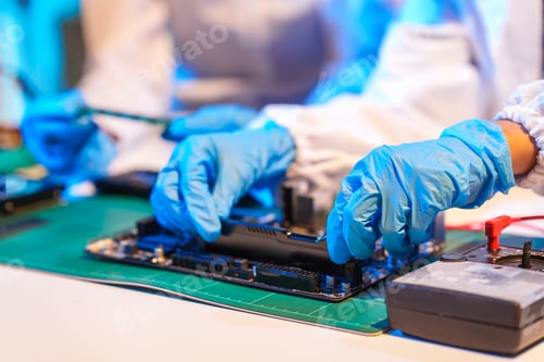 Preview: Close-up of a technician wearing gloves soldering electronic components at a desk in an office