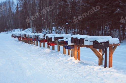 Preview: A snowy lineup of colorful mailboxes on a rural winter road.