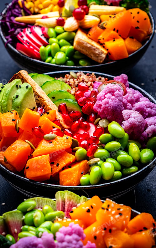 Preview: Vegan buddha bowls set for balanced diet with vegetables, quinoa, soybeans, tofu and seeds