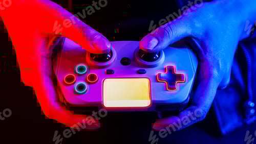 Preview: Hand playing video game using a game console entertainment technology