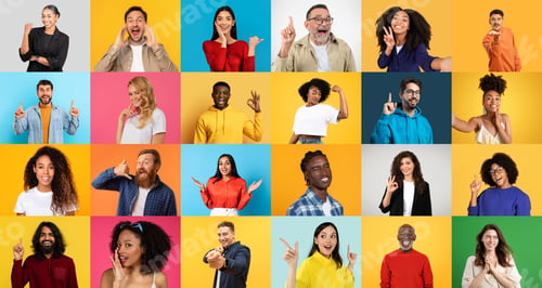 Preview: Diverse group of people expressing joy and positivity in a colorful collage