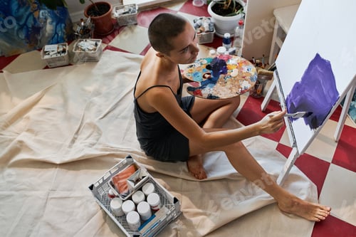 Preview: Young Woman with Short Hair Sitting on Floor Painting Picture