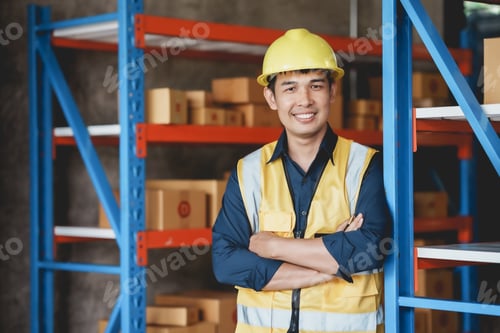 Preview: Asian male foreman who inspects warehouse, stock check, inventory count, crossed arms smiling