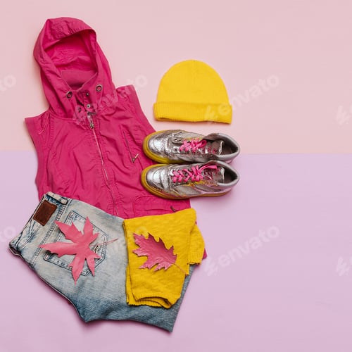 Preview: Stylish set of clothes. Waistcoat, jeans and sneakers. Urban Cas