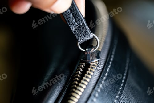Preview: Hand Holding Zipper on Black Leather Bag