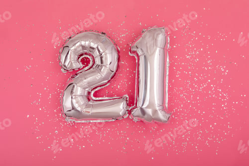 Preview: Silver balloon shape of number twenty one 21 pink background
